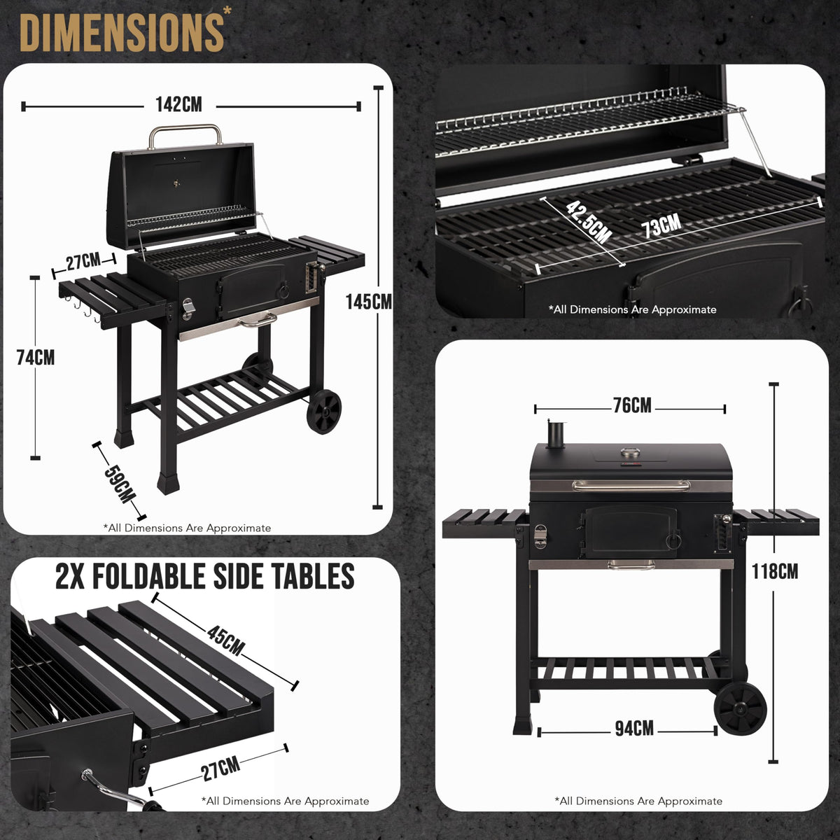 CosmoGrill XXL Charcoal Smoker BBQ Grill with Lid & Thermometer