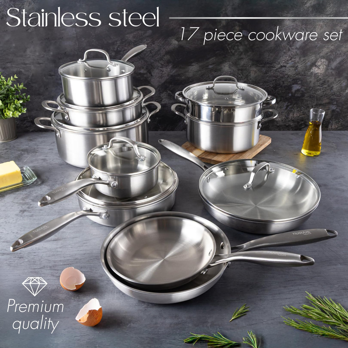 Nuovva 17-Piece Stainless Steel Cookware Set with Glass Lids – Induction