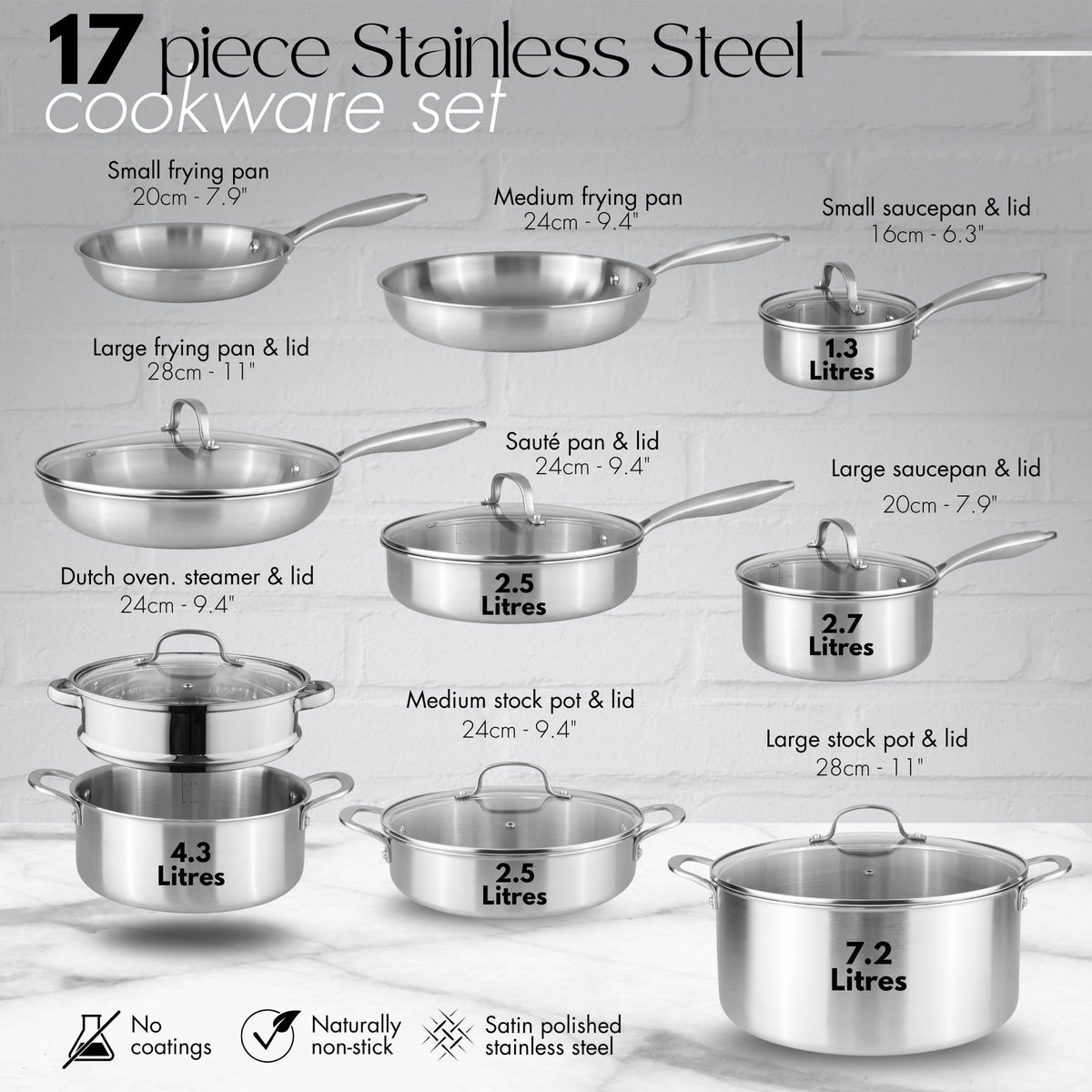 Nuovva 17-Piece Stainless Steel Cookware Set with Glass Lids – Induction