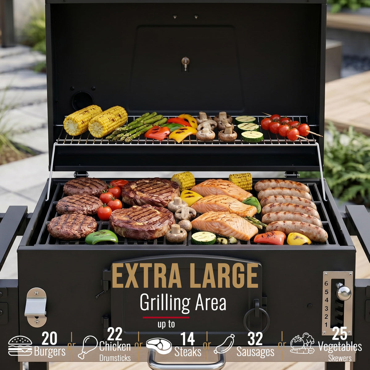 CosmoGrill XXL Charcoal Smoker BBQ Grill with Lid & Thermometer