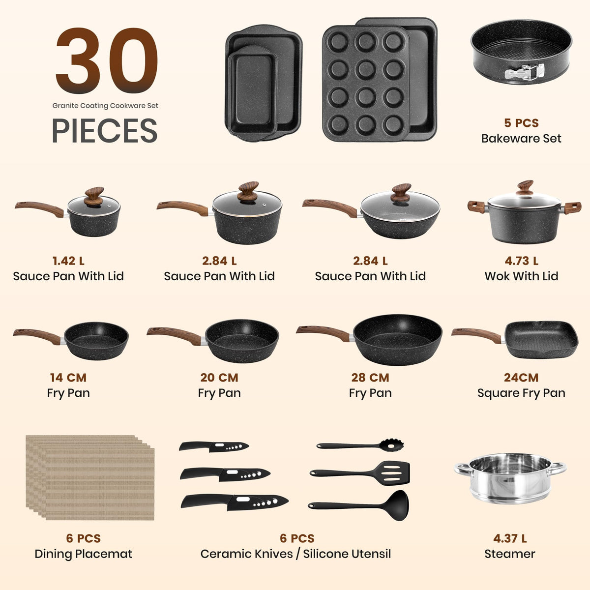 Kitchen Academy 30-Piece Non-Stick Pots and Pans Cookware Set