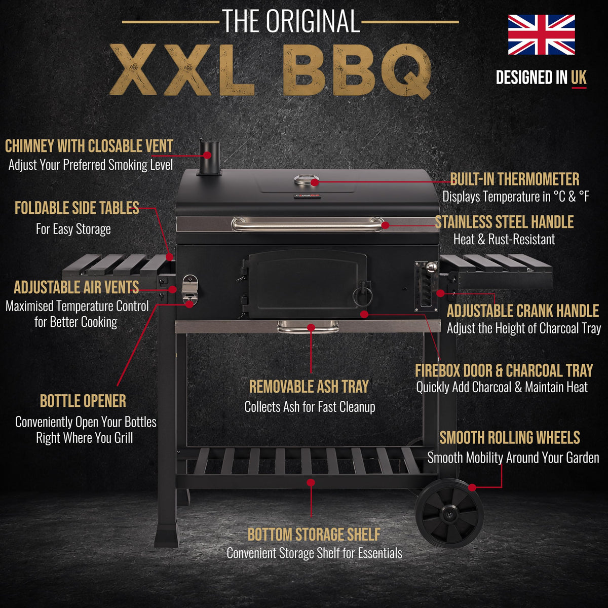 CosmoGrill XXL Charcoal Smoker BBQ Grill with Lid & Thermometer