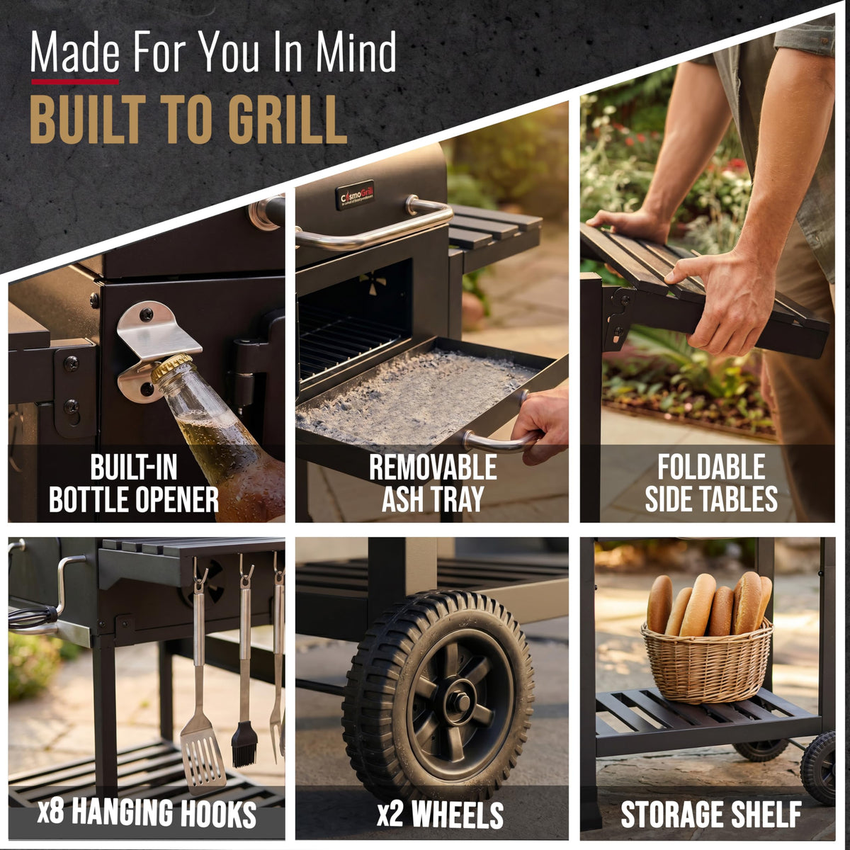 CosmoGrill XXL Charcoal Smoker BBQ Grill with Lid & Thermometer