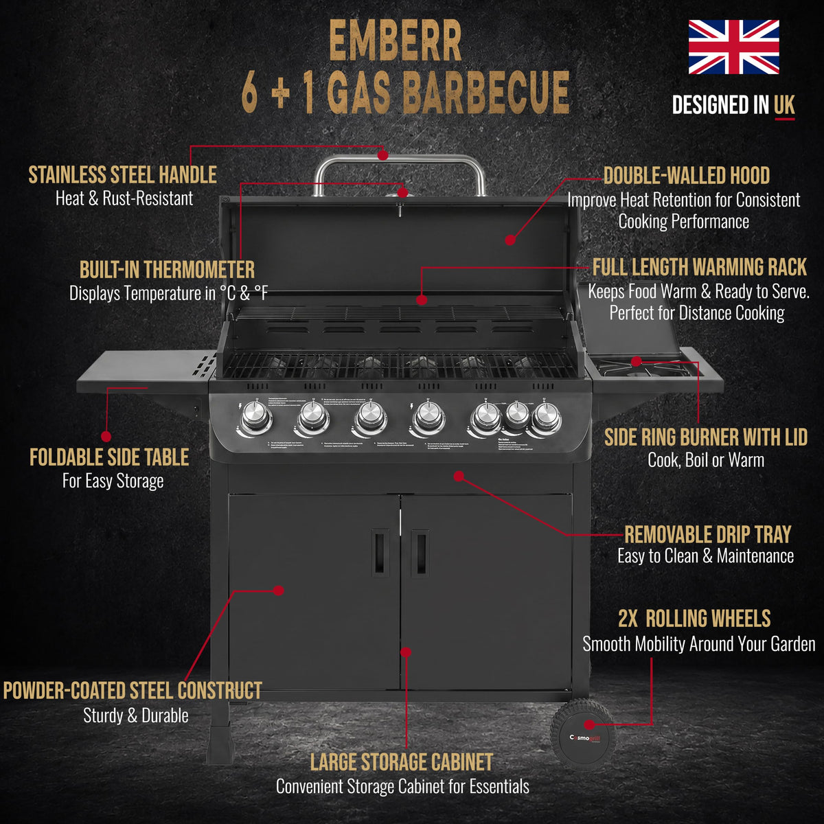 CosmoGrill Emberr 6+1 Burner Gas BBQ Grill with Side Burner