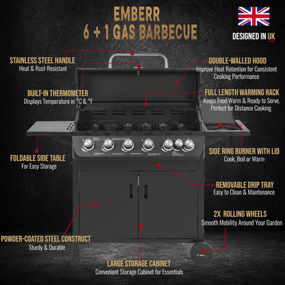 CosmoGrill Emberr 6+1 Burner Gas BBQ Grill with Side Burner
