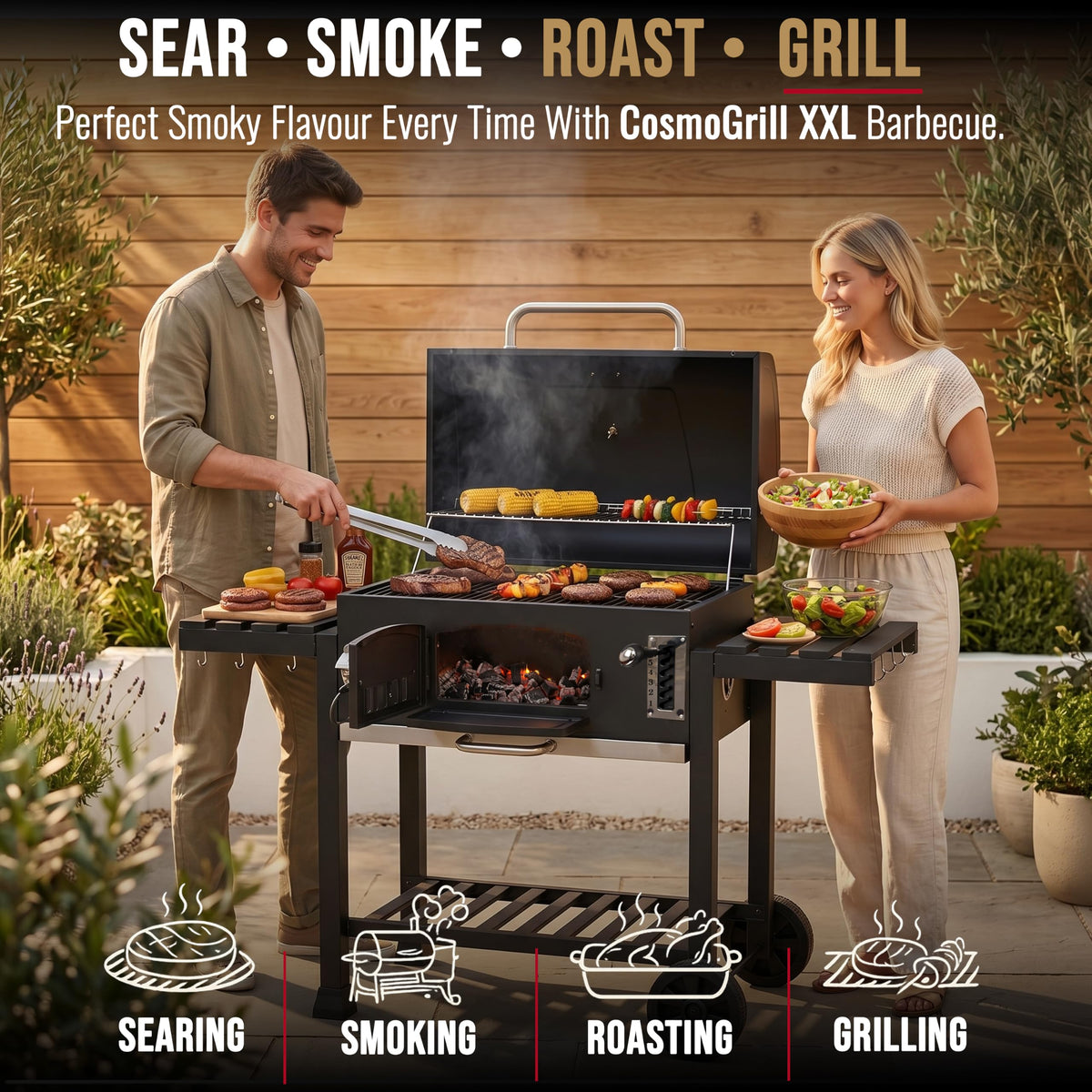 CosmoGrill XXL Charcoal Smoker BBQ Grill with Lid & Thermometer