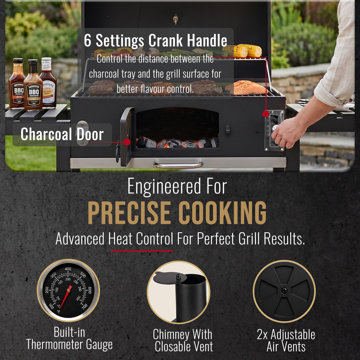CosmoGrill XXL Charcoal Smoker BBQ Grill with Lid & Thermometer